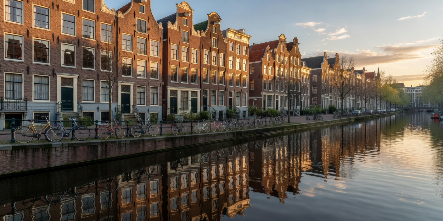 Amsterdam canal reflection with traditional brick townhouses and bikes