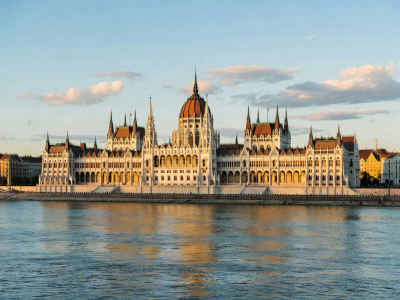 Budapest Hungarian Parliament over the Danube river at sunset