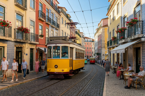 Lisbon Tram climbing cobblestone hills in vibrant Portuguese neighborhood