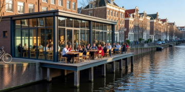Lively modern canal-side restaurant in Amsterdam