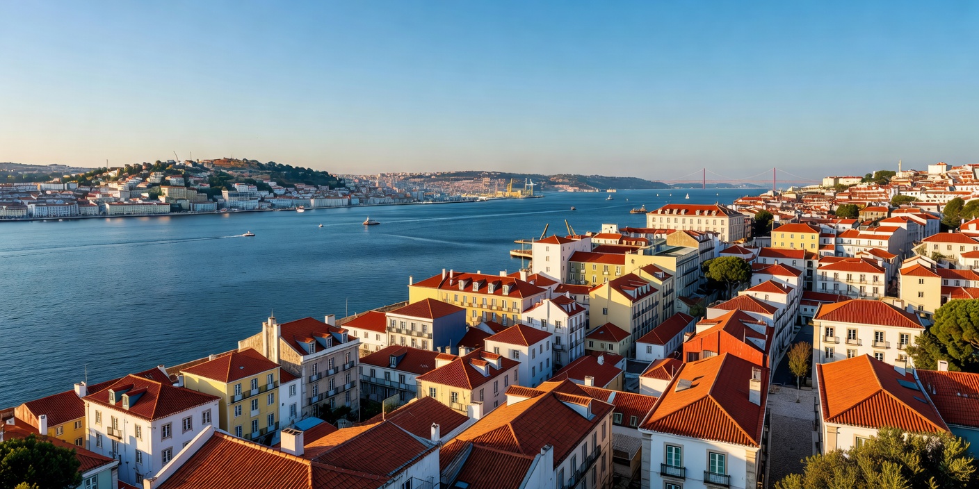 Panoramic view of Lisbon Portugal with blue Tagus river and terracotta rooftops