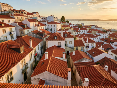 Scenic viewpoint over the terracotta rooftops of Alfama Lisbon Portugal