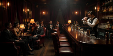 Speakeasy cocktail lounge bar with moody lighting